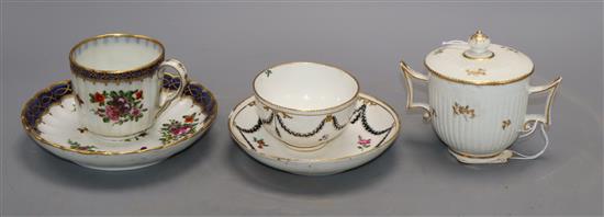 A Chelsea Derby tea bowl and saucer, a similar fluted cup an cover, c.1780, and a Worcester style cup and saucer, late 19th century,